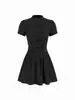 Vestido Feminino Retrô Color Block Xadrez Gola Alta Estilo Coreano com Amarração na Cintura, Mangas Bufantes, Caimento Justo, Versátil, Vestido de Verão