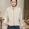 Cardigã com blocos de cor, gola alta, com capuz, forrado de fleece vermelho, casual, para mulheres, perfeito para outono e inverno, versátil, forrado de fleece, espessado para aquecimento e moderno