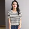 Camiseta de punto fina de seda helada de manga corta para mujer 2026 Nueva Moda Retro Jacquard Rayas Cómoda Camiseta Top