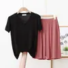 Traje de dos piezas para mujer, verano 2023, nuevo, modal, talla grande, cuello en V, fino, para casa, ropa exterior, casual, color liso
