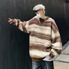 Suéter Listrado Contrastante Masculino e Feminino 2024 Outono e Inverno Design Vintage Espessura da Lã Grossa Solto Tendência Tricô
