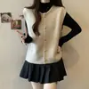 Chaleco de punto de estilo Harajuku japonés de un solo botón, corte ajustado, cuello redondo, con botones dorados pequeños para mujer, chaleco de outer wear japonés y coreano