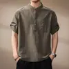 Camisa retrô de manga curta estilo japonês com costura aparente e bolsos para homem, novo modelo de verão, confortável, respirável, cor sólida, simples e casual