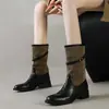 Botas Martin vintage de cuero genuino con bloques de color, tacón medio, estilo otoño/invierno 2026, tacón grueso, hebilla, hasta la pantorrilla, botas de equitación para mujer
