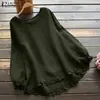 Ropa de mujer transfronteriza, top de algodón y lino con cuello redondo, volantes en las mangas largas, corte holgado, con dobladillo asimétrico de AliExpress
