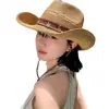 Sombrero Vaquero Occidental de Paja Estilo Étnico para Mujer, Protección UV al Aire Libre en Verano, Sombrilla para Vacaciones en la Playa, Protección Solar, Sombrero de Montañismo