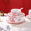 Fuguoduoduo Home 2024 Novo Tigela de Arroz Cerâmica Chinesa Espessada Anti-Queimadura Conjunto Tigela e Prato Presente de Inauguração Louça