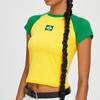 Camiseta de Mujer Nueva Estilo Europeo y Americano Delgado de Manga Corta con Cuello Redondo Costura de Color Contrastante Bordada Bandera de Brasil High Street Ajustada