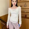 Blusa Camiseta de Manga Larga Off-Shoulder Estilo Americano Picante para Mujer, Top Casual Ajustado de Nicho para Primavera, Tendencia Ins