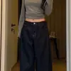 Jeans Retro Americano Azul Escuro para Mulheres, Novo Estilo Primavera e Outono 2026, Cintura Alta, Caimento Solto, Lavado e Desgastado, Calça Reta de Perna Larga