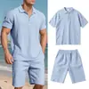 Traje casual de verano para hombre de algodón y lino con manga corta, deportivo, transpirable, ligero conjunto de dos piezas de lino con cuello tipo polo