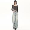 Jeans Wide Leg Lavado Estilo Americano Indústria Pesada Young Orange# Feminino Cintura Alta Solto Modelador Design Desgastado Versátil Calça Reta
