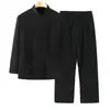Traje Tang de Algodón y Lino para Hombre Primavera/Verano Estilo Chino Conjunto de Manga Larga Étnico Retro Corte Holgado con Cuello Alto de Botones Atuendo de Tai Chi