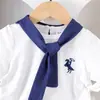 Ropa para Niñas de Dos Piezas, Verano, Cuello Marino, Manga Corta y Falda Corta Azul Marino, Estilo Academia Casual Versátil, En Stock