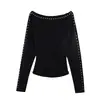 Atacado Transfronteiriço Nova Moda Feminina Primavera 2026 Blusa de Tricô Manga Longa com Rebites de Um Ombro Cor Preta Estilo Europeu e Americano