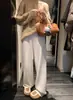 Pantalones anchos color arroz, para mujer, otoño e invierno, de cintura alta, fluidos, hasta el suelo, de punto, de pierna recta, casuales
