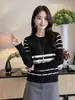 Suéter de Punto de Lana a Rayas Retro con Bloques de Color Cuello Redondo Holgado Casual Camisa Base Superior para Mujer Otoño Temprano Nuevo Estilo