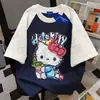 Camiseta Estampada Cartoon Estilo Japonês Solta de Manga Curta 100% Algodão Puro para Mulheres, Top Patchwork Estrela Personalizado de Verão para Homens