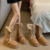 Botas de neve femininas de cano médio, inverno 2024, novas botas, pelúcia plus, algodão para neve, sola grossa, forro de lã, sapatos de algodão quente