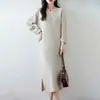 Otoño e Invierno Nuevo Vestido de Lana 100% para Mujer Cuello en V Falda Interior hasta la Rodilla Diseño con Abertura Base de Suéter