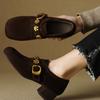 Mocasines franceses Ju Good Wear para mujer, primavera y otoño, con diamantes de imitación, punta redonda, tacón medio, tacón grueso, piel esmerilada, gamuza profunda, zapatos individuales para mujer