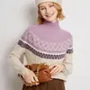 Suéter de Cashmere Estilo Étnico Color-Blocked Retrô com Gola Alta para Mulheres Outono e Inverno 2025 Suéter Base de Malha de Cashmere