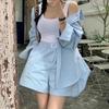Estilo Coreano Verano Dulce Reductor de Edad Top Holgado Versátil Camisa de Manga Larga con Cordones Pantalones de Pierna Ancha de Cintura Alta Traje de Pantalones Cortos