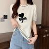 Diseño Sense Contraste de Color Amor Camiseta de Hombro para Mujer Verano Chicas Calientes Nuevo Dulce y Caliente Top Corto Holgado de Punto de Manga Corta