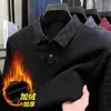 Suéter grosso com forro de fleece para homens, outono e inverno, design de duas peças, quente, adequado para pais de meia-idade, contém lã, gola virada, cor sólida, camisa base