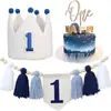 Set de Cumpleaños Número 1 Transfronterizo con Sombrero de Tela Plisada de Algodón, Bandera para Trona, Tarjeta Insertable para Sombrero con Flor de Borla de Cuentas de Madera Ins