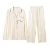 Conjunto de Pijama Cardigan de Manga Longa 100% Algodão Feminino com Listras, Adequado para Usar ao Ar Livre, Novo Estilo de Outono, Caimento Solto com Gola Reversível