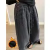 Calça Xadrez Retro de Alta Qualidade Outono e Inverno Nova Calça de Cintura Alta Wide Leg Cintura com Botão Cordão Falso Fecho Calça Reta Solta e Emagrecedora