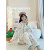 Pijama longo de manga comprida com blocos de cor e borda em concha para mulheres, primavera e outono, com gola de lapela, design de abertura frontal, tecido de algodão com estampa de nuvens e conjunto de duas peças