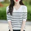 Suéter de Punto para Mujer de Manga Corta con Cuello en V, Suéter Básico Rayado, Comercio Exterior al por Mayor, Otoño 2026
