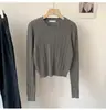 Suéter Básico de Malha Trançada de Manga Longa com Gola Redonda de Cor Sólida para Mulheres Outono Inverno Versátil Curto Cropped Cintura Marcada Emagrecedor Roupa de Baixo Pulôver