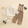 Conjunto de ropa de algodón y lino para niños, camisa de manga larga de caballero y pantalón con tirantes, conjunto casual de dos piezas