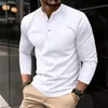 Camiseta masculina de manga longa com botões, cor sólida, estampa digital, moderna, simples e casual