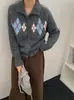 Cardigan de Tricô Jacquard com Diamantes em Bloco de Cores Retrô Feminino Outono/Inverno Novo Solto Macio Fofo Casaco Suéter Feminino