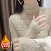 4505 Camiseta Base de Encaje Cálida a Prueba de Frío para Mujer 2024 Otoño e Invierno Nuevo Suéter con Cuello Medio Alto de Estilo Occidental Camisa Hueca