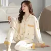 Pijama de Algodón Puro para Mujer, Manga Larga y Pantalón Largo, Cárdigan con Solapa Otoño e Invierno, Ropa de Casa Dulce y Linda, Se Puede Usar Afuera, Conjunto para Mujer