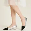 En Stock~2026 Zapatos de Nuevo Estilo Inspirados en Chanel con Bloques de Color, Puntera Puntiaguda y Tacones Gruesos Plateados, Estilo Suave, Versátiles para Usar al Aire Libre