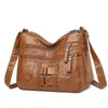 Bolsa Transversal de Couro Lavado Transfronteiriça 2025 Nova Moda Grande Capacidade Simples Multicamadas Ombro Único Transversal Feminina Bolsa Tote