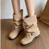 Persona baja aumento de altura botas de vaquero occidentales caídas mujer 2026 otoño pierna de pantalón arrugada botas cortas mujer botas martin de caballero retro