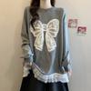 Camiseta Feminina de Crochê com Renda e Laço, Gola Redonda, Manga Longa, Tamanho Plus Size, Outono e Inverno, Nova, Solta, Efeito Emagrecedor, Moda, Comprimento Médio