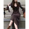 Elegante Vestido Nuevo Estilo de Manga Larga con Cuello en V, Clásico Casual Japonés con Estampado de Puntos, Falda de Línea A de Longitud Media para el Trabajo