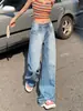 Calça Jeans Feminina Estilo Americano Retrô Cintura Baixa Perna Larga Outono 2024 Nova Solta Emagrecedora Versátil Calça Mergulhada