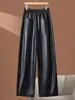 Calça de Couro Wide-Leg Patchwork para Mulheres, Novo Estilo Outono 2026, Vintage Old Money, Drapeada, Versátil, Emagrecedora, Calça Casual de Pele de Ovelha
