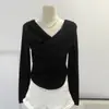 Suéter de punto para mujer de manga larga con cuello caído, otoño/invierno 2026, suave y puro, plisado, adelgazante, jersey, estilo corto, cuello en V, versátil