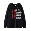 Moletom com Zíper Design Minimalista Moderno com Estampa de Letras Japonesas e Inglesas Jaqueta Cardigan Moletom Casual Solto