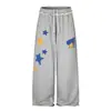 C1068 Calça Streetwear Unissex Estilo Americano High Street com Bordado de Aplicação de Estrela de Cinco Pontas, Calça de Moletom Casual Larga e Solta Masculina